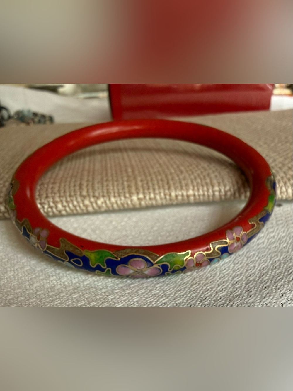 Vintage Red & Blue  Cloisonné Floral Bangle Bracelet
